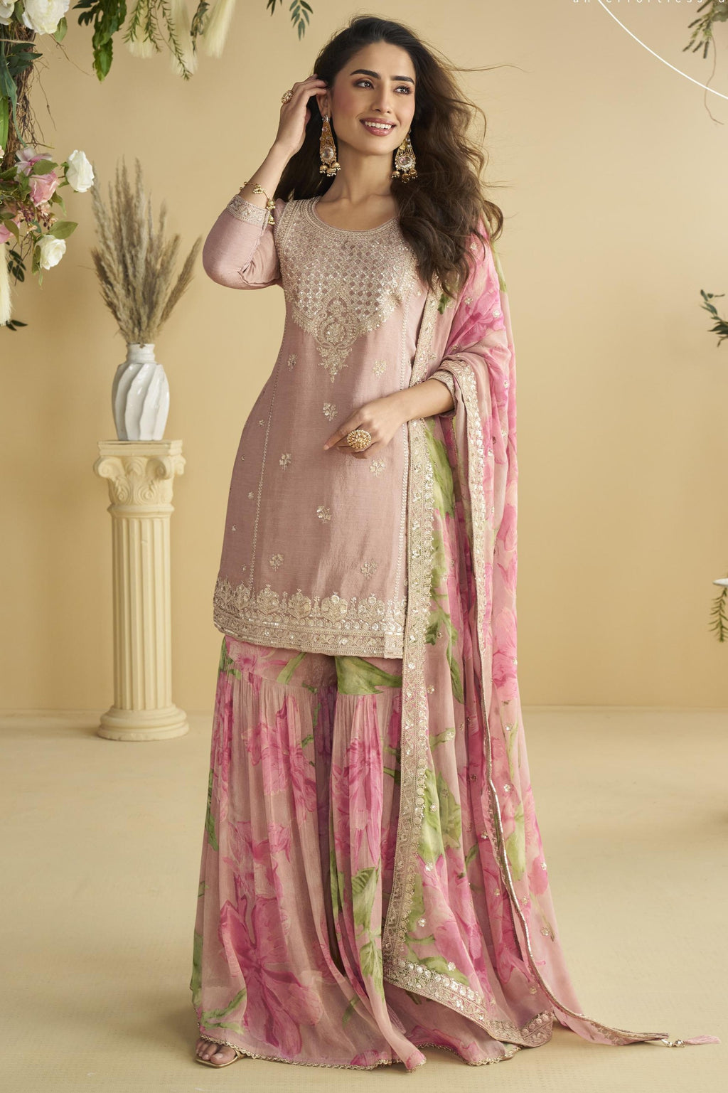 Baby Pink Chinon Silk Sharara Suit For Indian & Pakistani Wedding Festival - Thread & Sequins Embroidery Work, Print Work