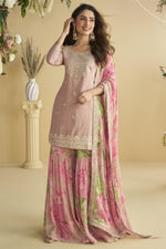 Baby Pink Chinon Silk Sharara Suit For Indian & Pakistani Wedding Festival - Thread & Sequins Embroidery Work, Print Work