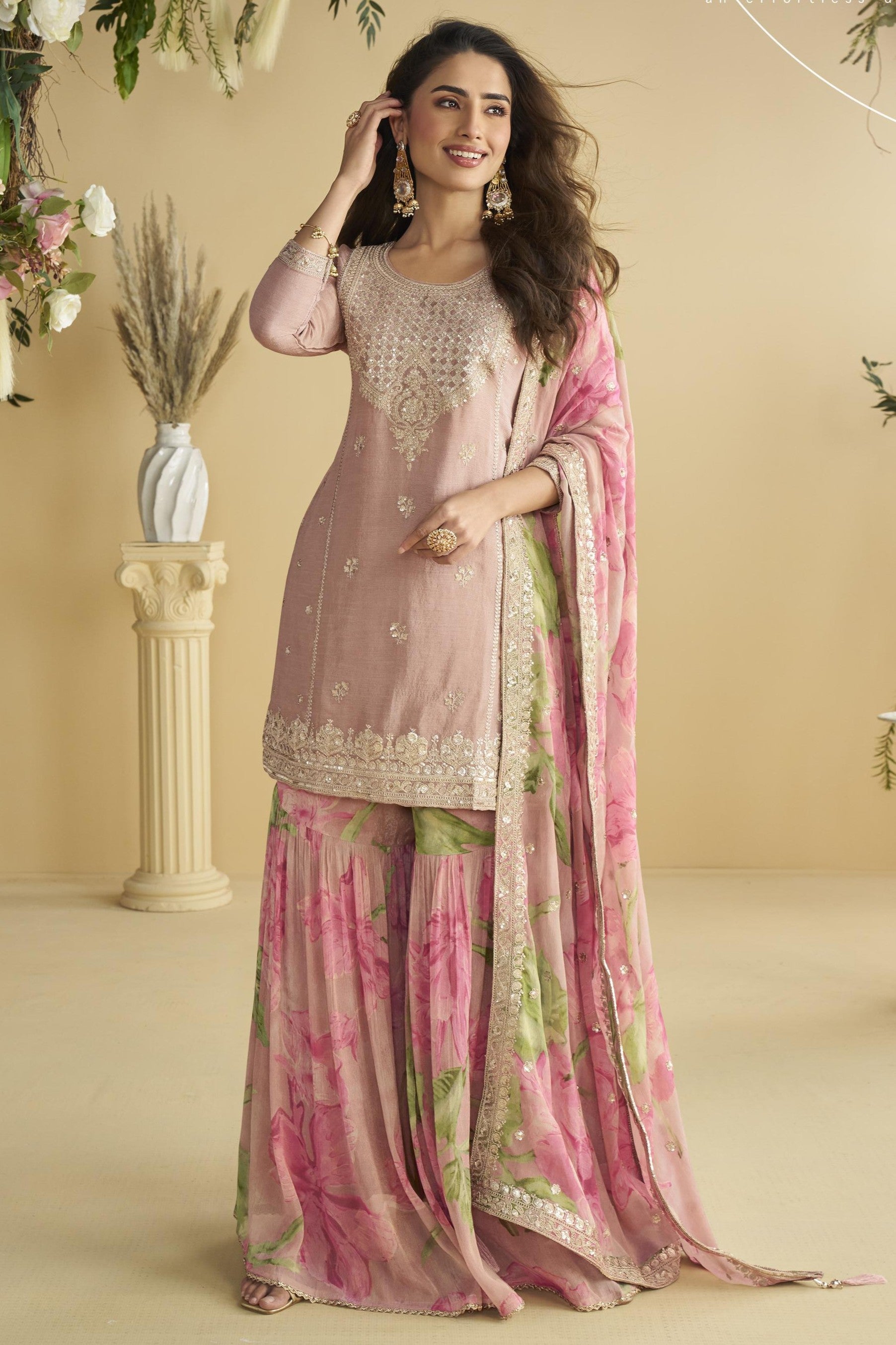 Baby Pink Chinon Silk Sharara Suit For Indian & Pakistani Wedding Festival - Thread & Sequins Embroidery Work, Print Work