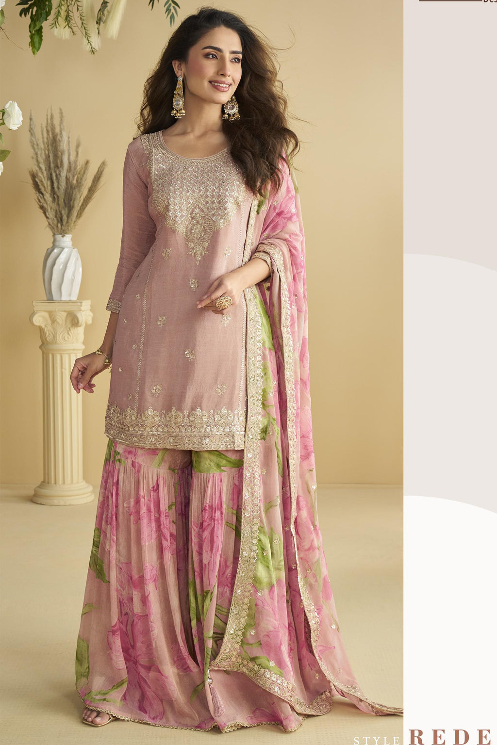 Baby Pink Chinon Silk Sharara Suit For Indian & Pakistani Wedding Festival - Thread & Sequins Embroidery Work, Print Work