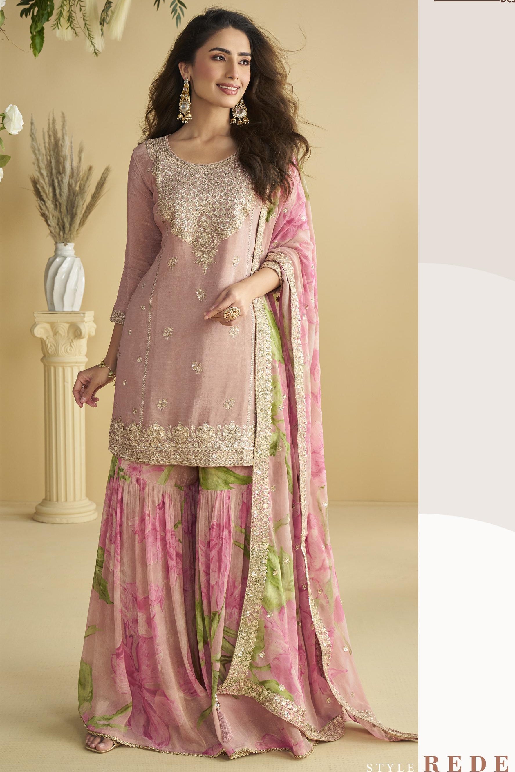 Baby Pink Chinon Silk Sharara Suit For Indian & Pakistani Wedding Festival - Thread & Sequins Embroidery Work, Print Work