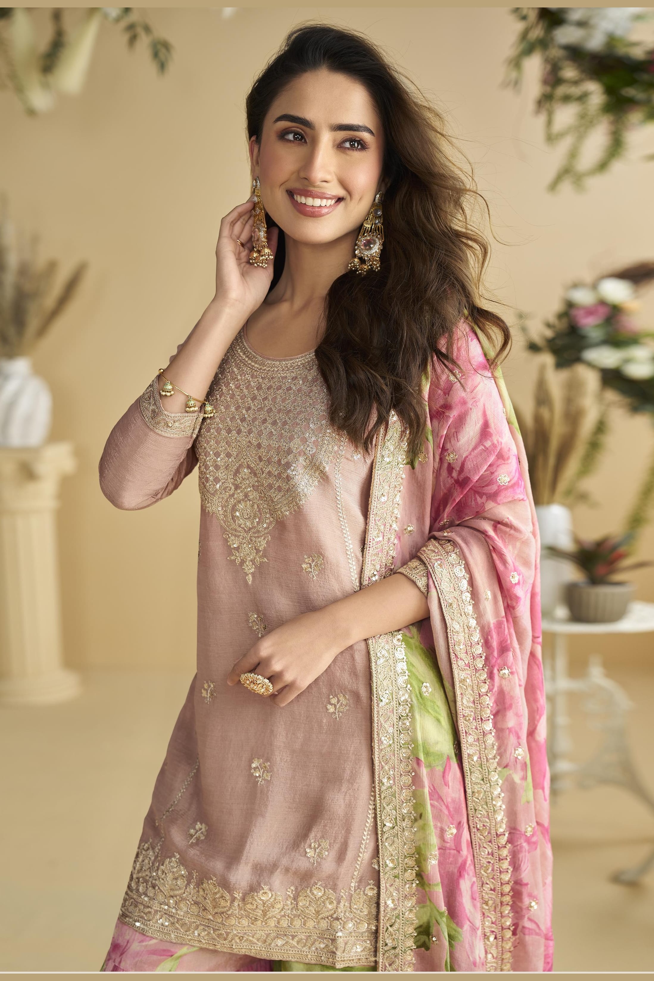 Baby Pink Chinon Silk Sharara Suit For Indian & Pakistani Wedding Festival - Thread & Sequins Embroidery Work, Print Work