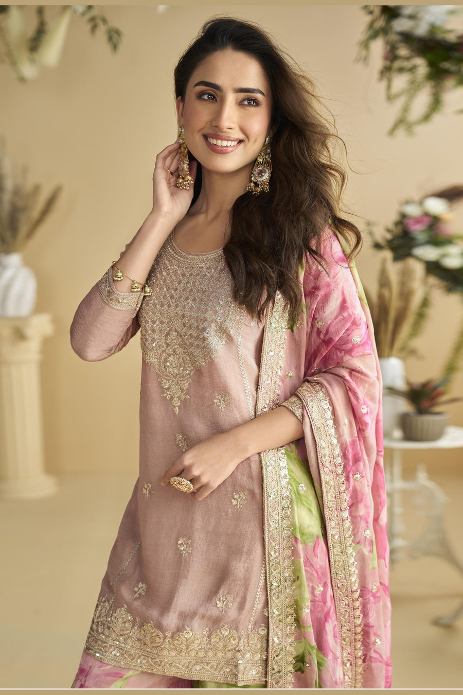Baby Pink Chinon Silk Sharara Suit For Indian & Pakistani Wedding Festival - Thread & Sequins Embroidery Work, Print Work