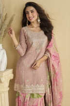 Baby Pink Chinon Silk Sharara Suit For Indian & Pakistani Wedding Festival - Thread & Sequins Embroidery Work, Print Work