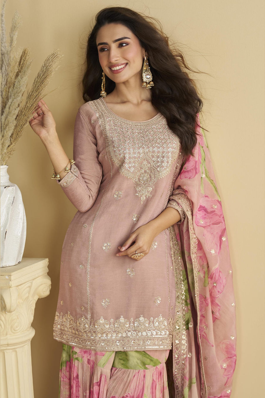 Baby Pink Chinon Silk Sharara Suit For Indian & Pakistani Wedding Festival - Thread & Sequins Embroidery Work, Print Work