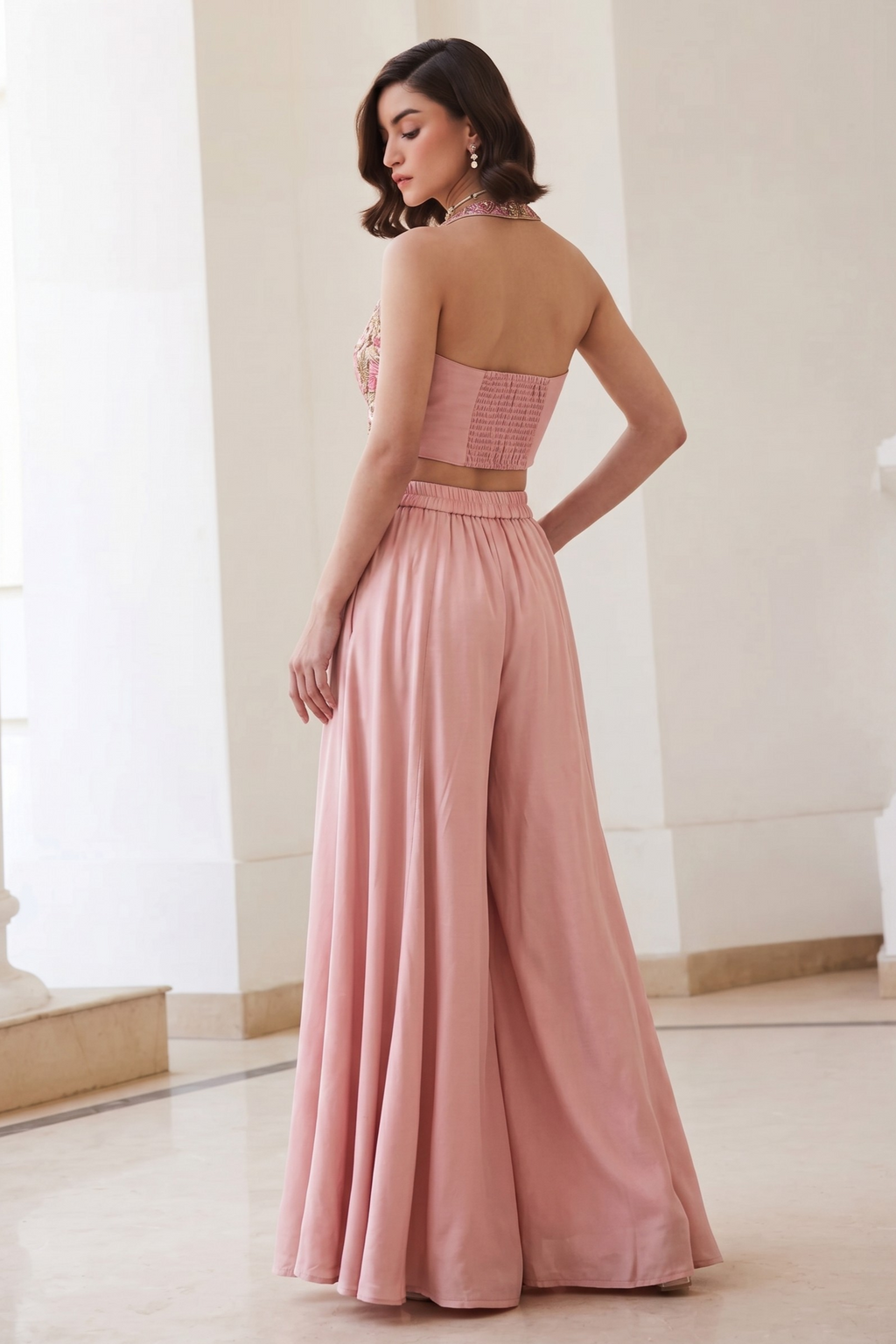 Baby Pink Co Ord Sets Women in Chinon Silk Plazo & Waistcoat Style