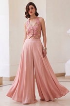 Baby Pink Co Ord Sets Women in Chinon Silk Plazo & Waistcoat Style