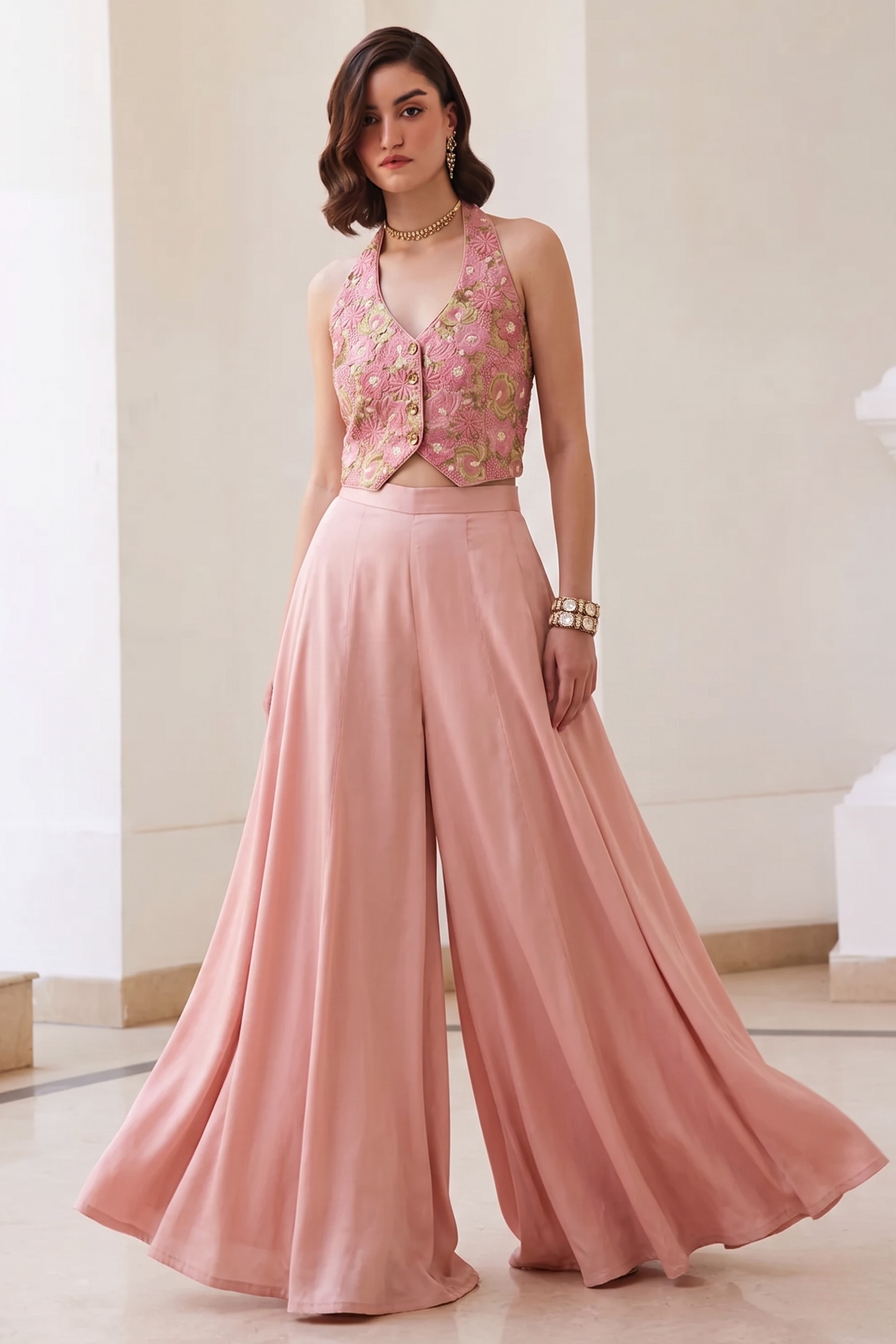 Baby Pink Co Ord Sets Women in Chinon Silk Plazo & Waistcoat Style