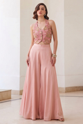 Baby Pink Co Ord Sets Women in Chinon Silk Plazo & Waistcoat Style