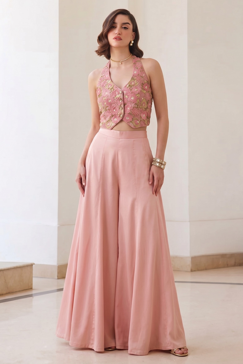 Baby Pink Co Ord Sets Women in Chinon Silk Plazo & Waistcoat Style