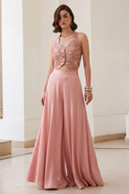 Baby Pink Co Ord Sets Women in Chinon Silk Plazo & Waistcoat Style