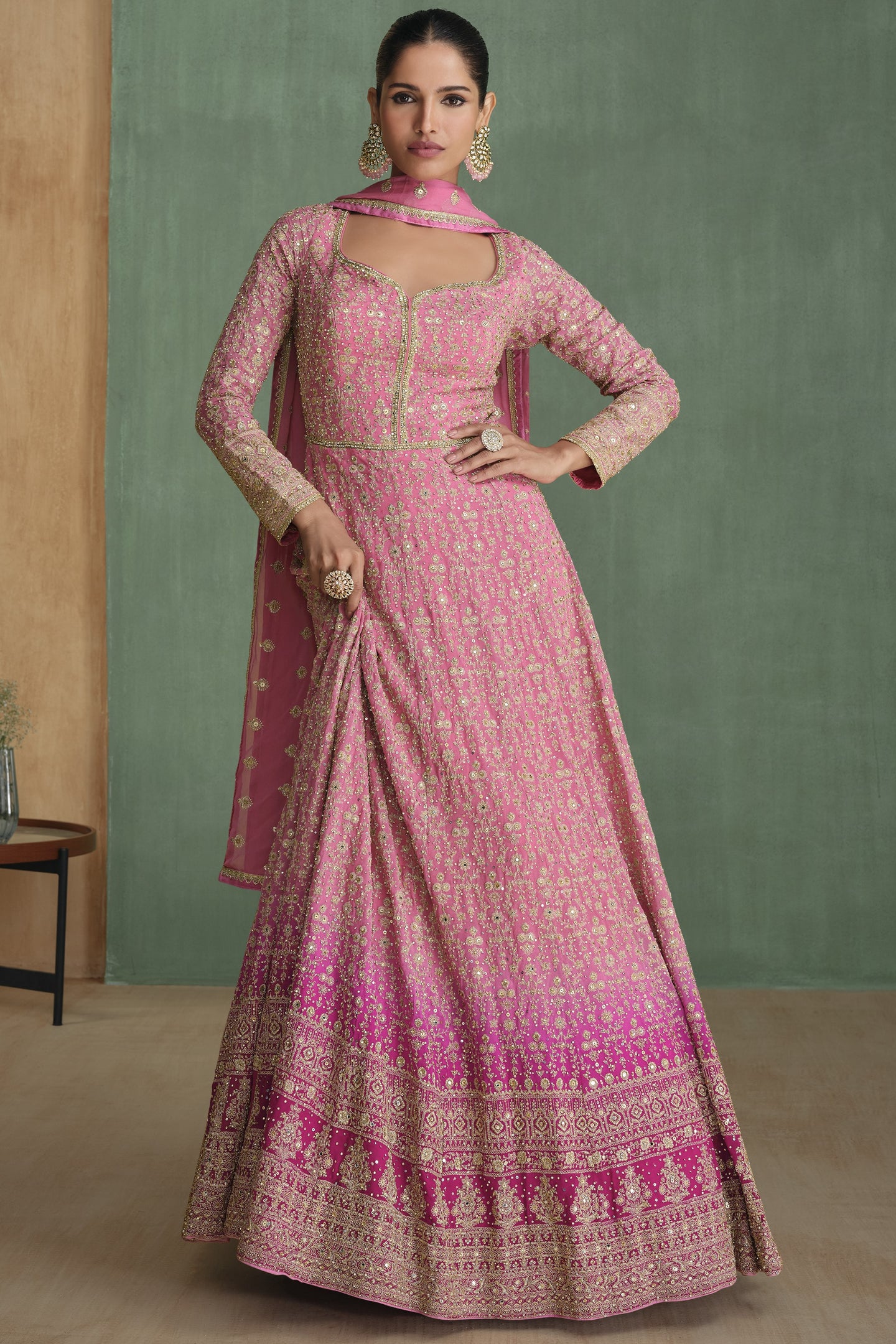 Baby Pink Georgette Full Floor Length Dual Color Anarkali Gown With Dupatta For Indian Festivals & Weddings - Embroidery Work, Swarovski Work