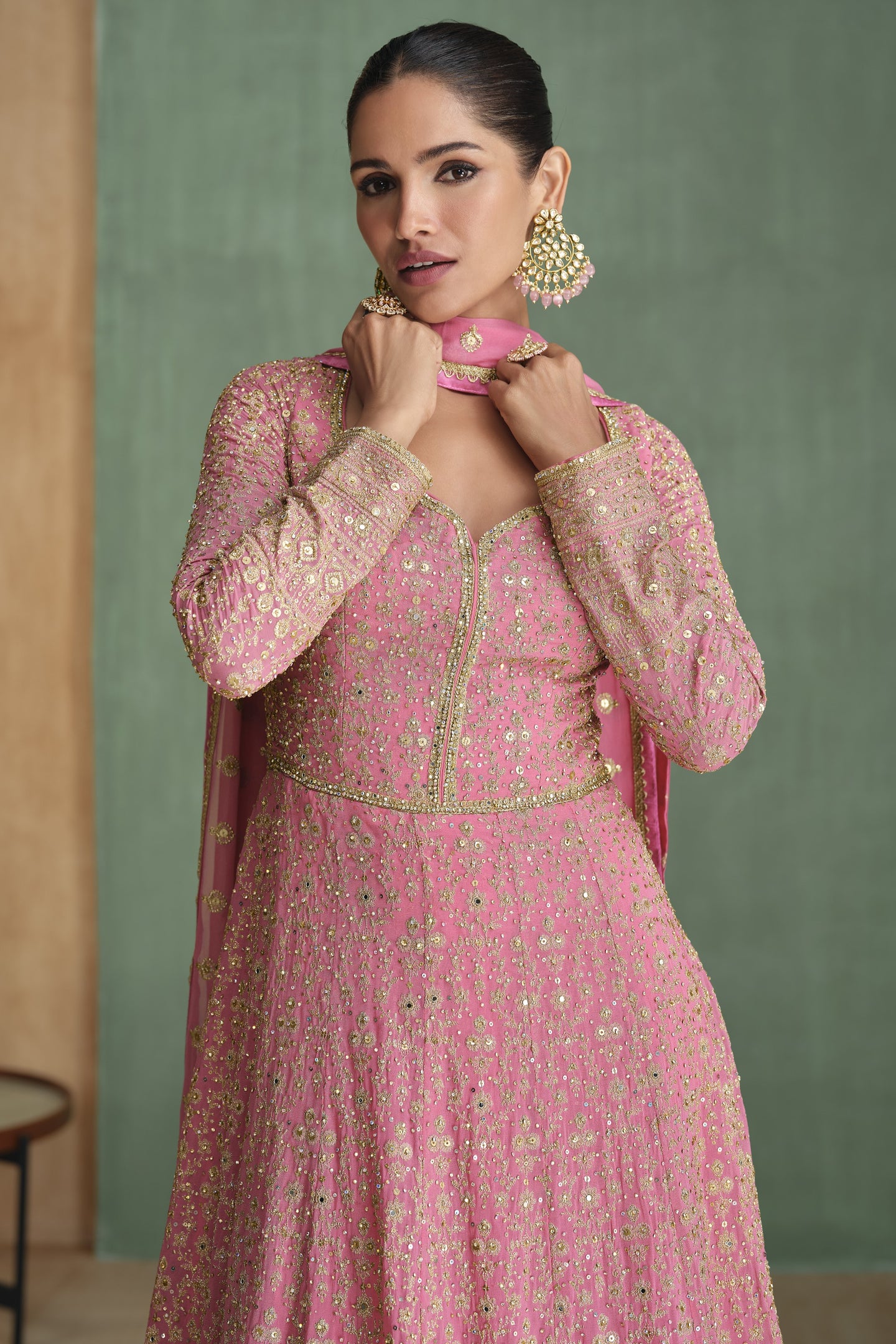 Baby Pink Georgette Full Floor Length Dual Color Anarkali Gown With Dupatta For Indian Festivals & Weddings - Embroidery Work, Swarovski Work