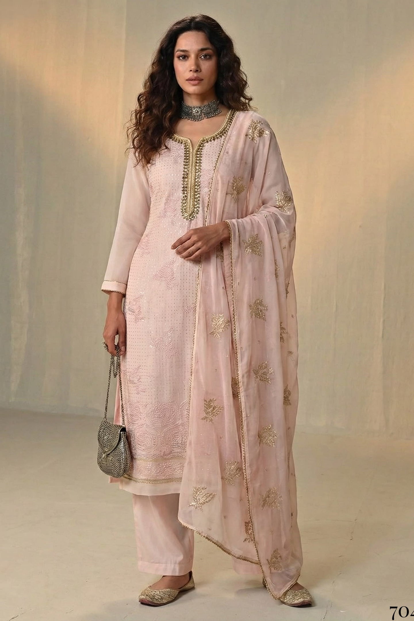 Baby Pink Georgette Kameez With Pant For Indian & Pakistani Wedding Festival - Sequins & Thread Embroidery Work, Khatli Work