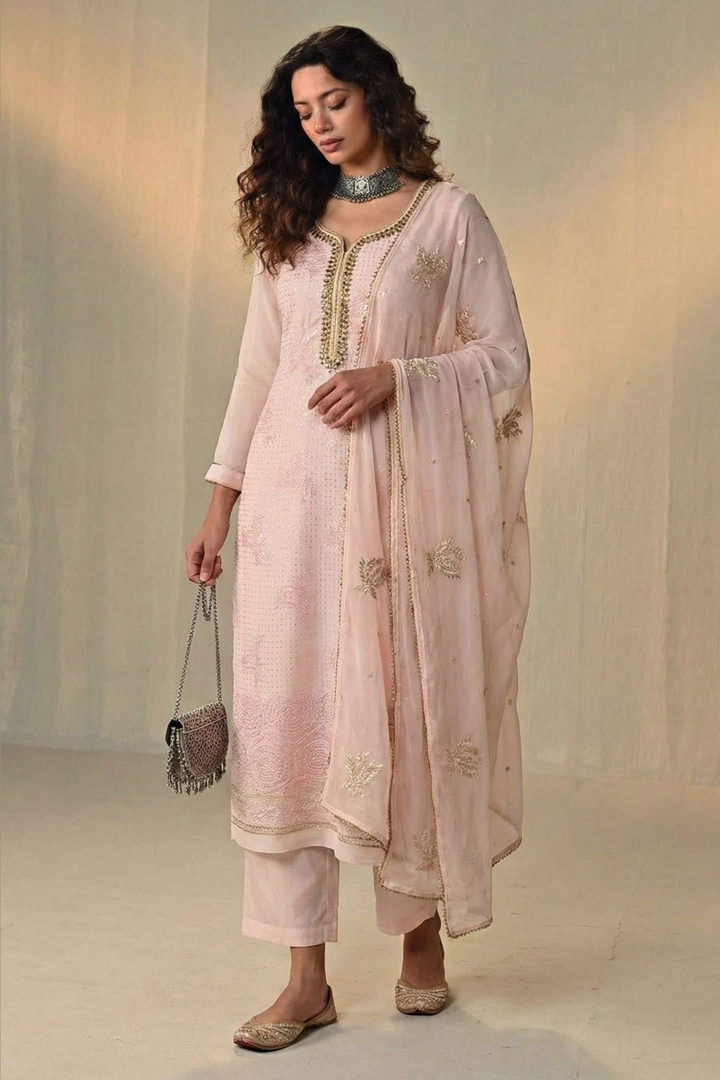 Baby Pink Georgette Kameez With Pant For Indian & Pakistani Wedding Festival - Sequins & Thread Embroidery Work, Khatli Work