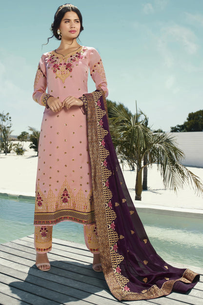 Baby Pink Georgette Kameez with Pant For Indian Suit Festivals & Pakistani Weddings - Embroidery Work, Hand Work