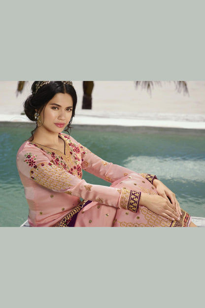 Baby Pink Georgette Kameez with Pant For Indian Suit Festivals & Pakistani Weddings - Embroidery Work, Hand Work