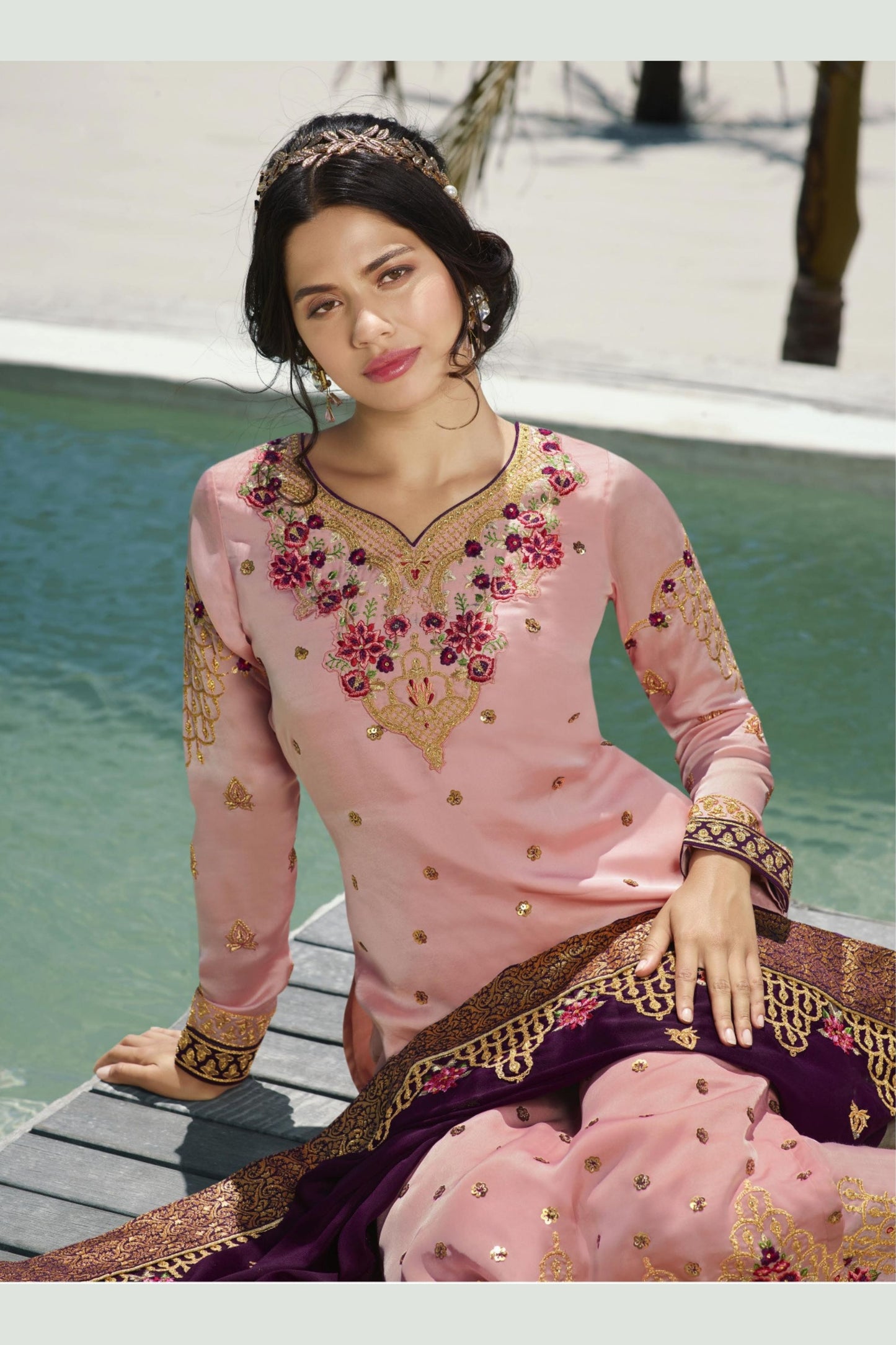 Baby Pink Georgette Kameez with Pant For Indian Suit Festivals & Pakistani Weddings - Embroidery Work, Hand Work