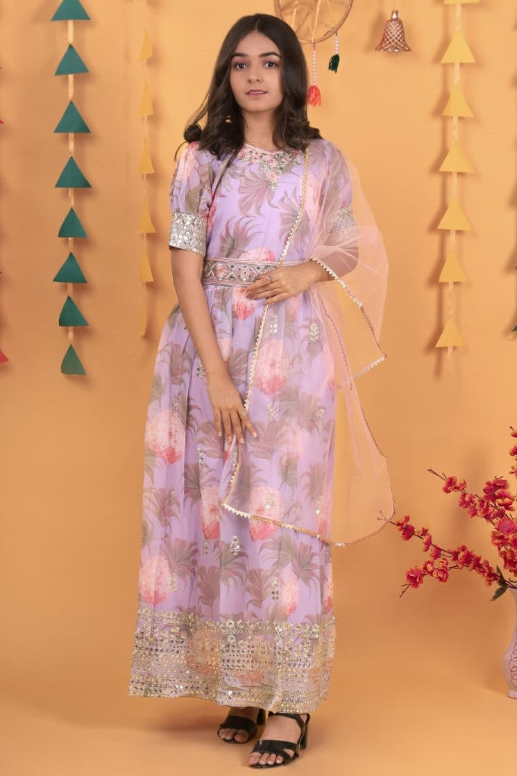 Baby Pink Georgette Kids Wear Girls Flower Printed Gown with Dupatta Suit for Kids for Festivals & Wedding - Sequence Embroidery Work, Print Work