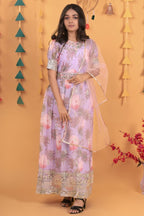 Baby Pink Georgette Kids Wear Girls Flower Printed Gown with Dupatta Suit for Kids for Festivals & Wedding - Sequence Embroidery Work, Print Work