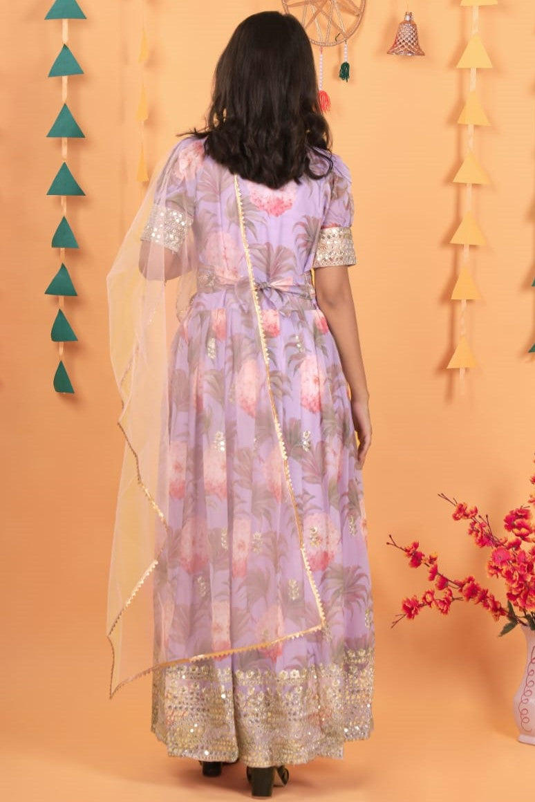 Baby Pink Georgette Kids Wear Girls Flower Printed Gown with Dupatta Suit for Kids for Festivals & Wedding - Sequence Embroidery Work, Print Work