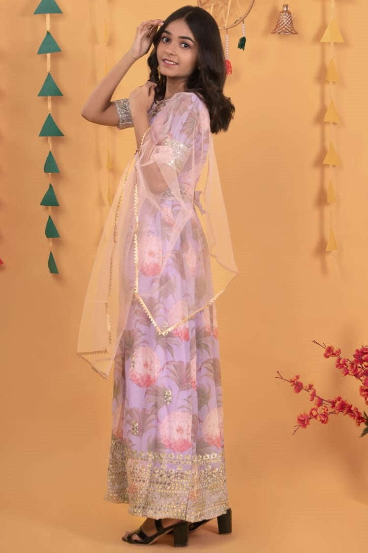 Baby Pink Georgette Kids Wear Girls Flower Printed Gown with Dupatta Suit for Kids for Festivals & Wedding - Sequence Embroidery Work, Print Work