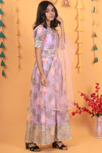 Baby Pink Georgette Kids Wear Girls Flower Printed Gown with Dupatta Suit for Kids for Festivals & Wedding - Sequence Embroidery Work, Print Work