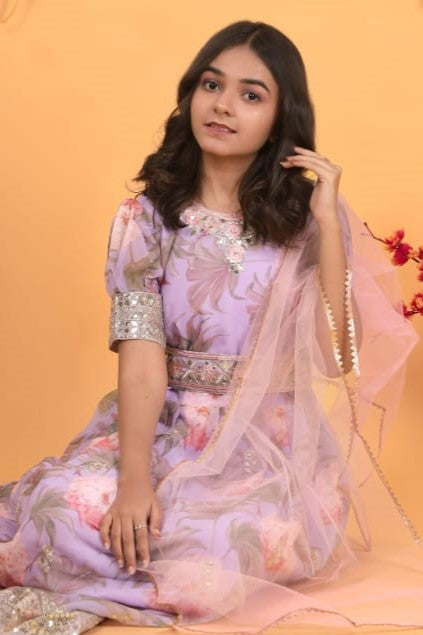 Baby Pink Georgette Kids Wear Girls Flower Printed Gown with Dupatta Suit for Kids for Festivals & Wedding - Sequence Embroidery Work, Print Work