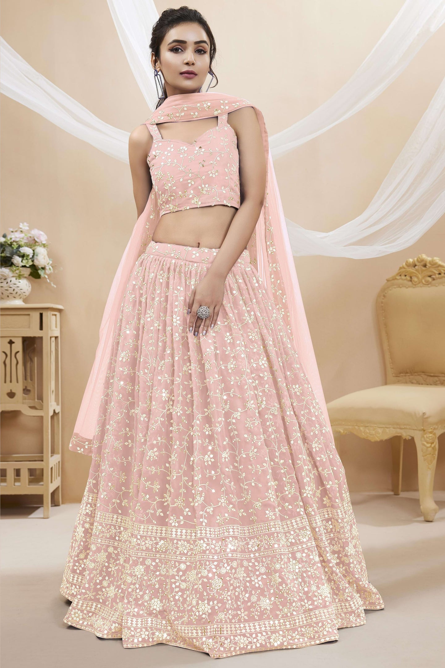 Light Pink Georgette Lehenga Choli For Indian & Pakistani Wedding Festival - Sequins & Thread Embroidery Work, Zari Work