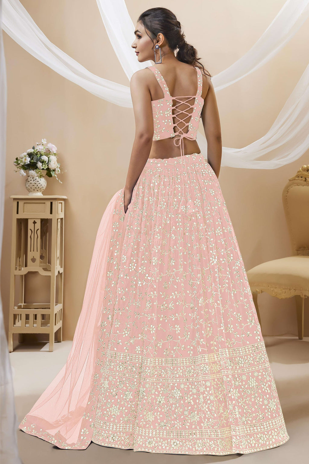 Light Pink Georgette Lehenga Choli For Indian & Pakistani Wedding Festival - Sequins & Thread Embroidery Work, Zari Work