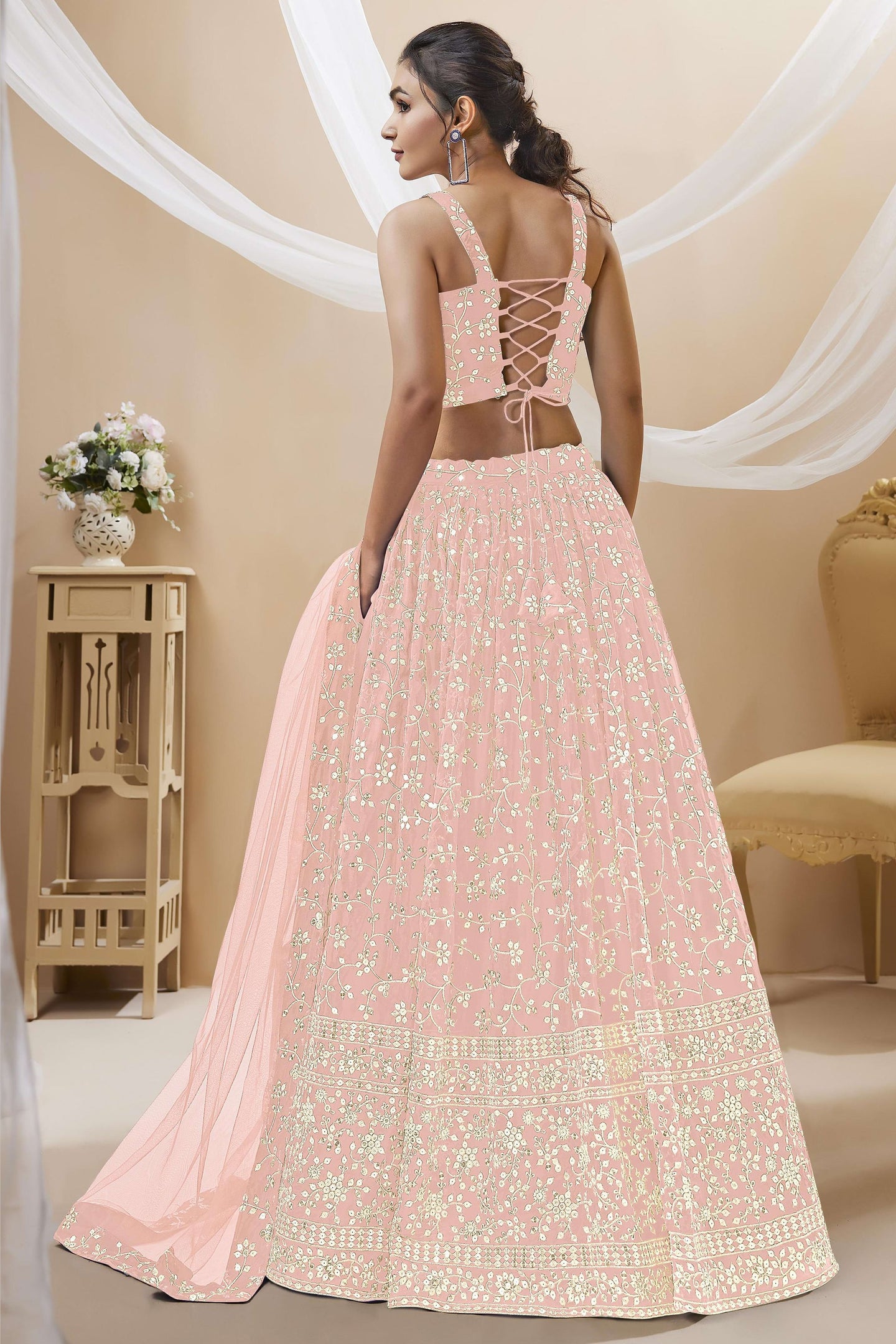 Light Pink Georgette Lehenga Choli For Indian & Pakistani Wedding Festival - Sequins & Thread Embroidery Work, Zari Work
