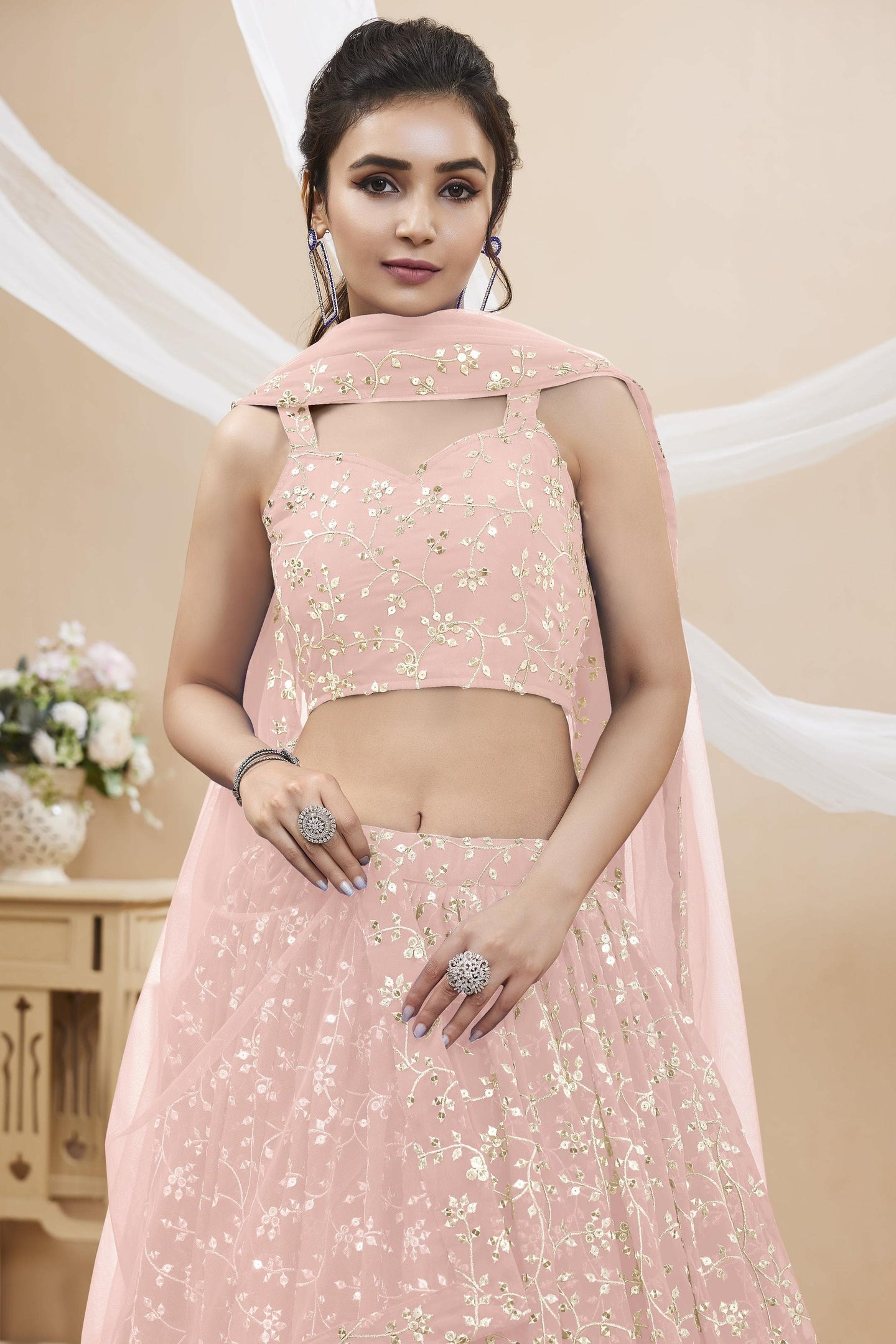 Light Pink Georgette Lehenga Choli For Indian & Pakistani Wedding Festival - Sequins & Thread Embroidery Work, Zari Work
