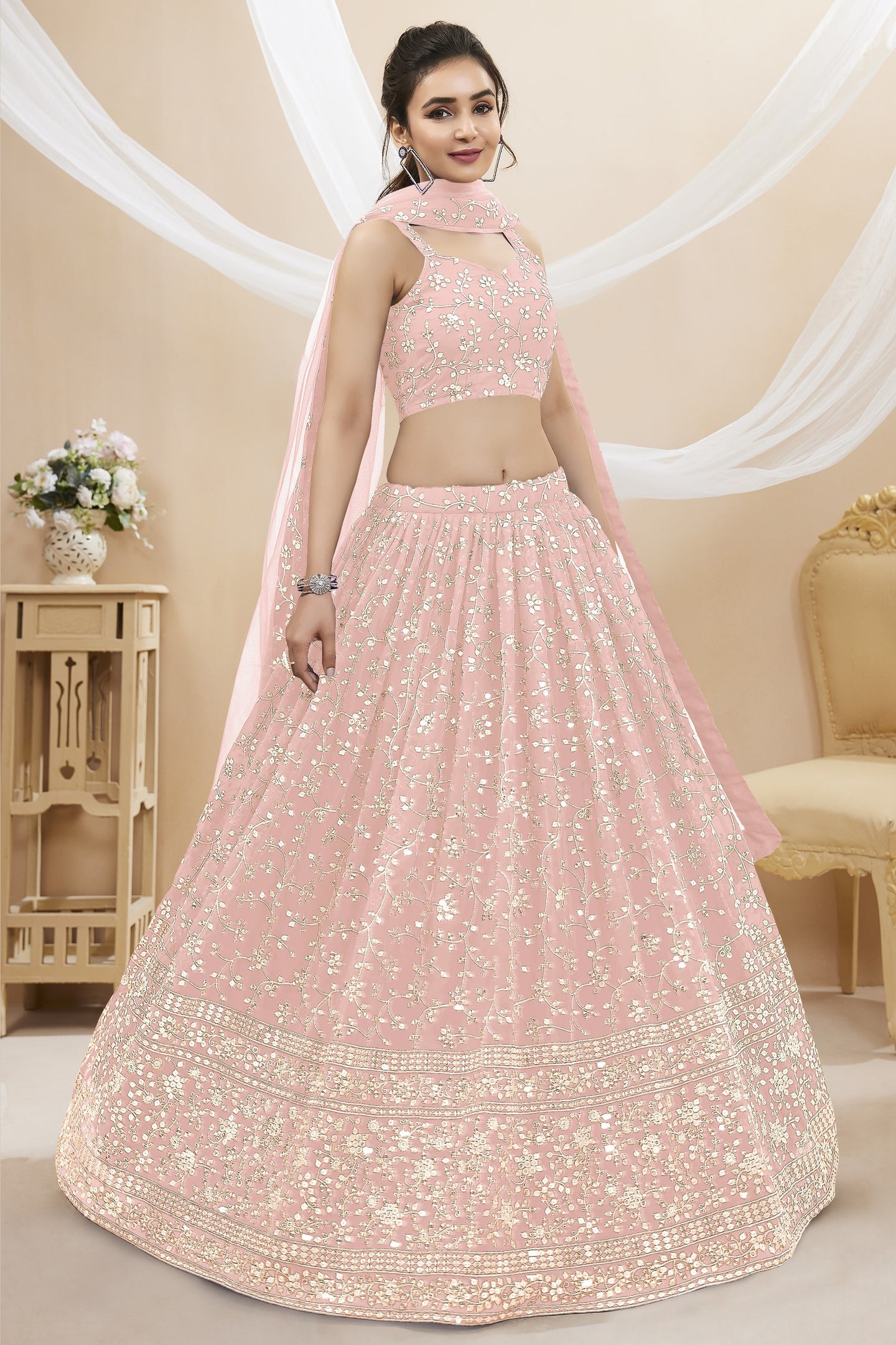 Light Pink Georgette Lehenga Choli For Indian & Pakistani Wedding Festival - Sequins & Thread Embroidery Work, Zari Work