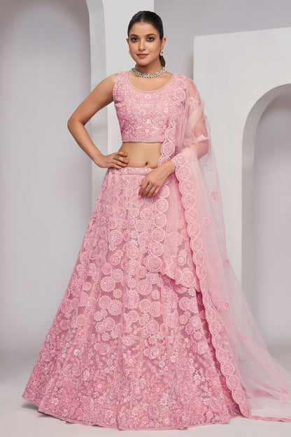 Baby Pink Soft Net Lehenga Choli For Indian Festivals & Weddings - Sequins Work, Dori Work, Zarkan Work, Mirror, Resham