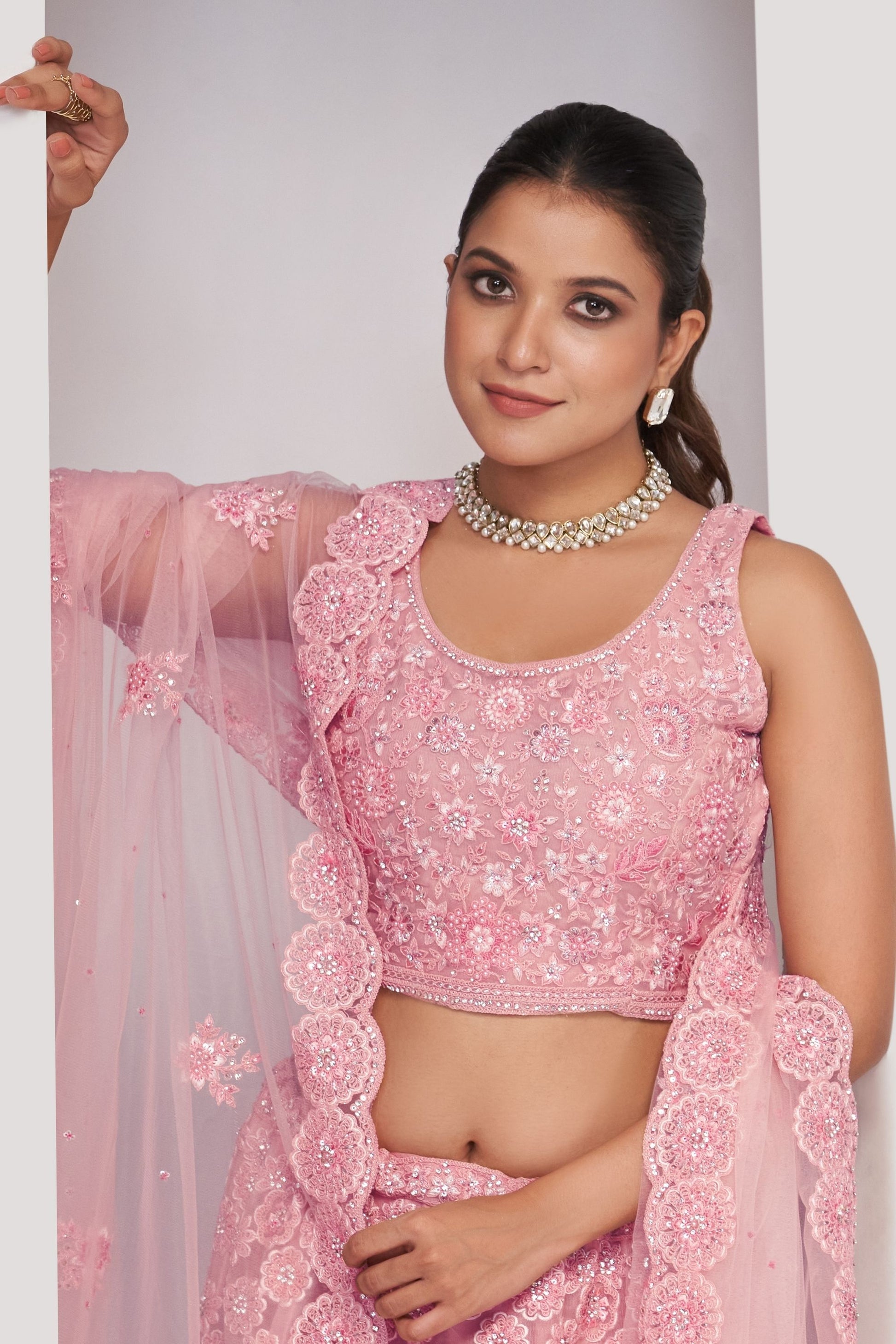 Baby Pink Soft Net Lehenga Choli For Indian Festivals & Weddings - Sequins Work, Dori Work, Zarkan Work, Mirror, Resham