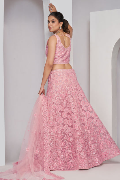 Baby Pink Soft Net Lehenga Choli For Indian Festivals & Weddings - Sequins Work, Dori Work, Zarkan Work, Mirror, Resham