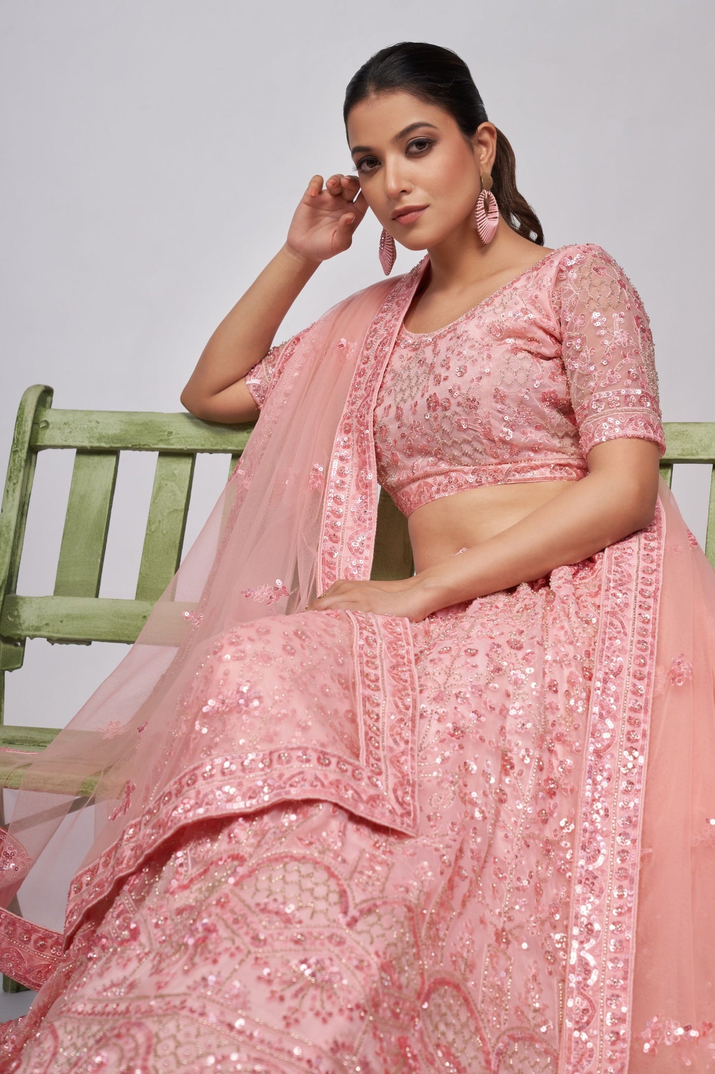 Baby Pink Soft Net Lehenga Choli For Indian Festivals & Weddings - Sequins Work, Bead Work