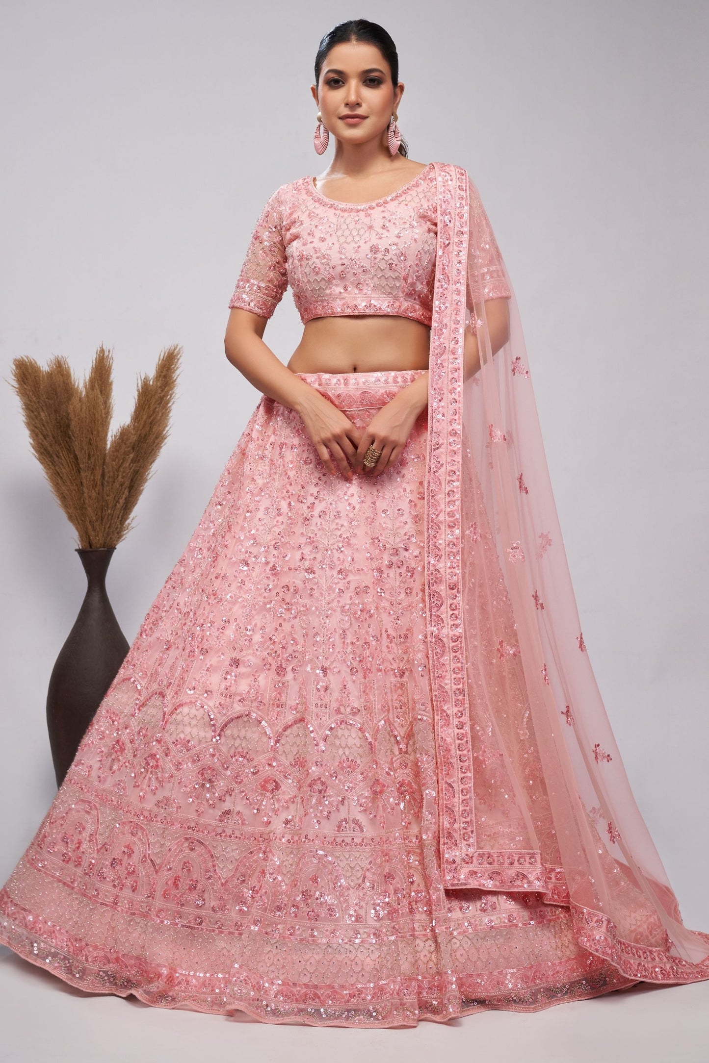 Baby Pink Soft Net Lehenga Choli For Indian Festivals & Weddings - Sequins Work, Bead Work