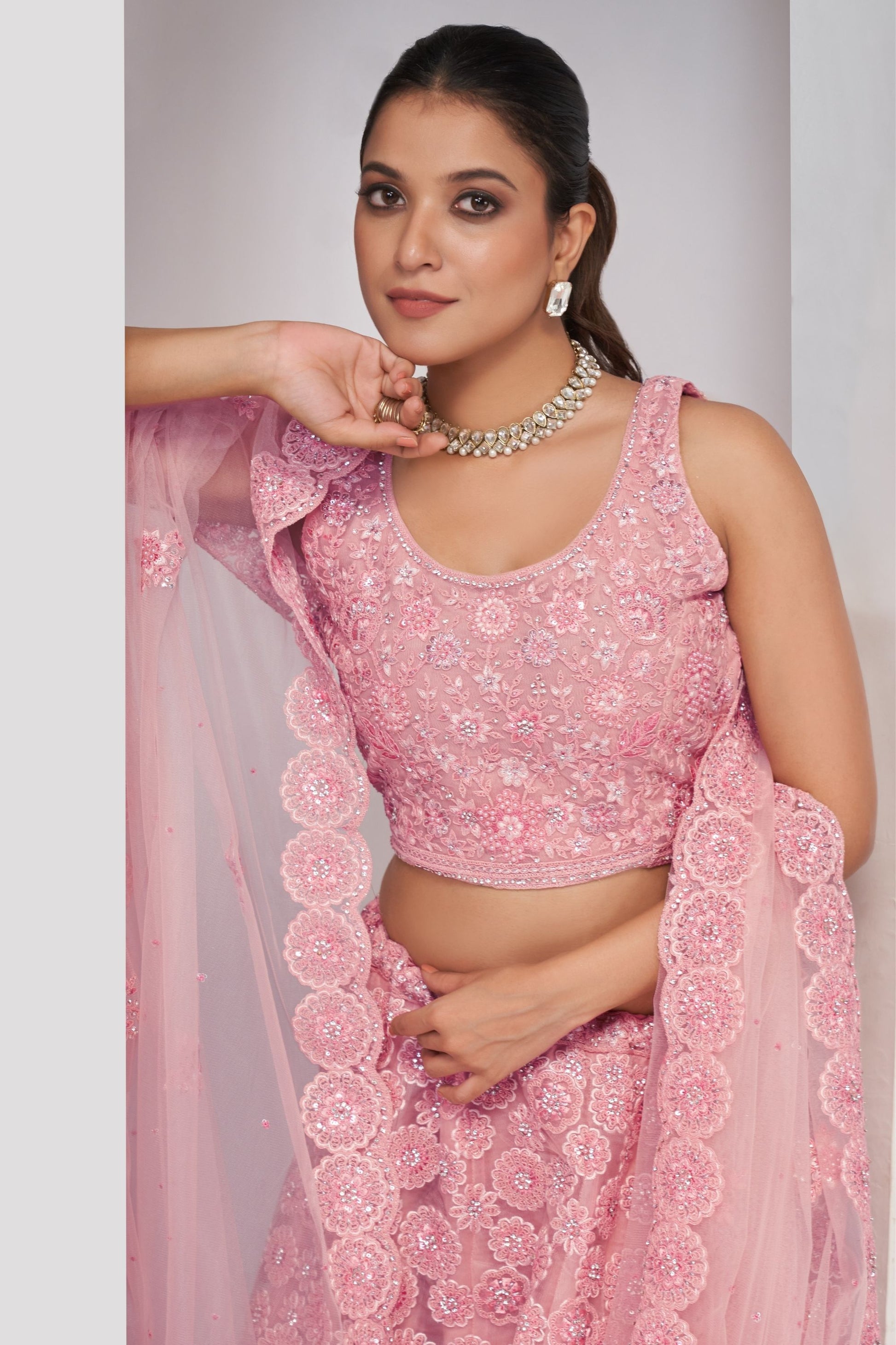 Baby Pink Soft Net Lehenga Choli For Indian Festivals & Weddings - Sequins Work, Dori Work, Zarkan Work, Mirror, Resham