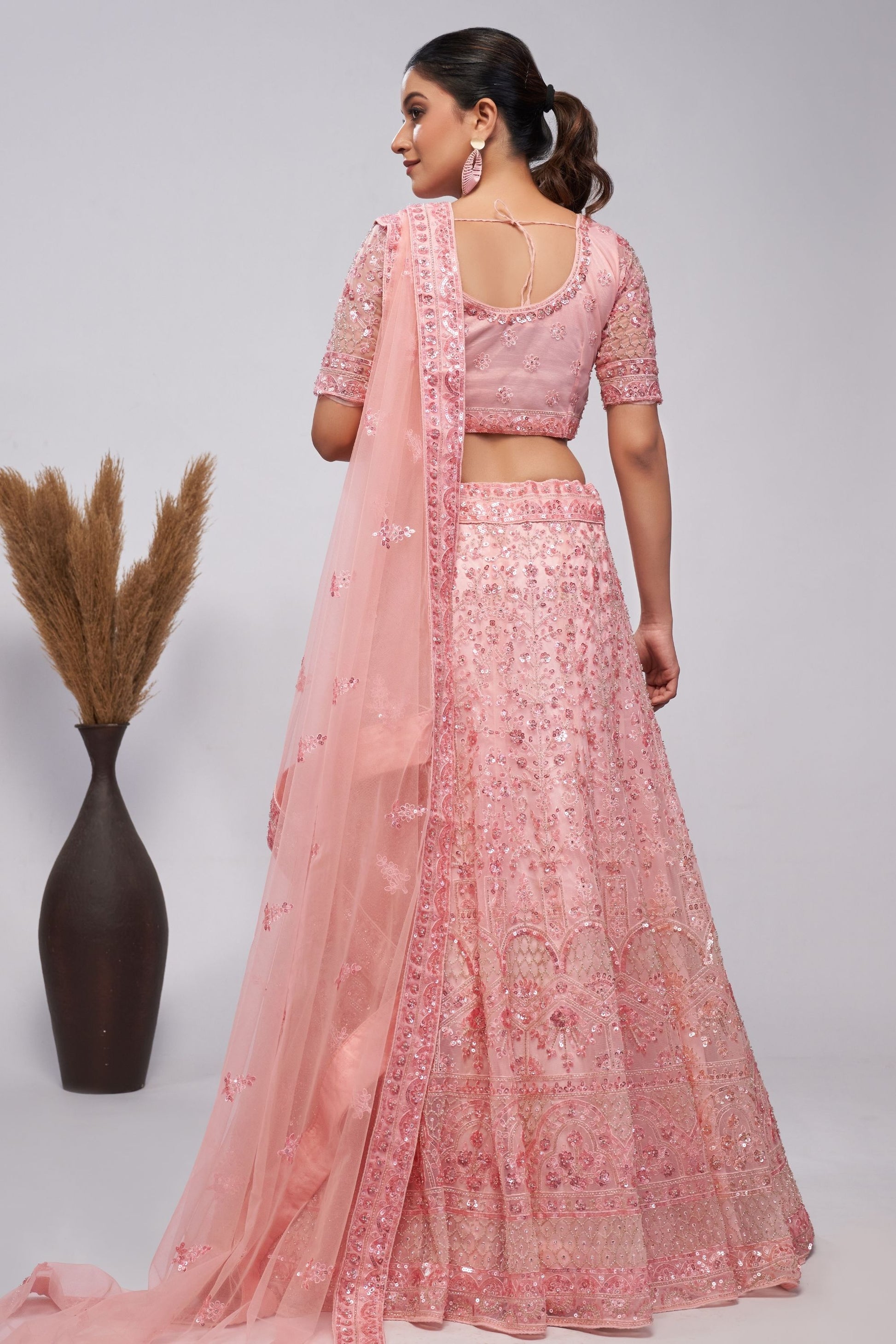 Baby Pink Soft Net Lehenga Choli For Indian Festivals & Weddings - Sequins Work, Bead Work