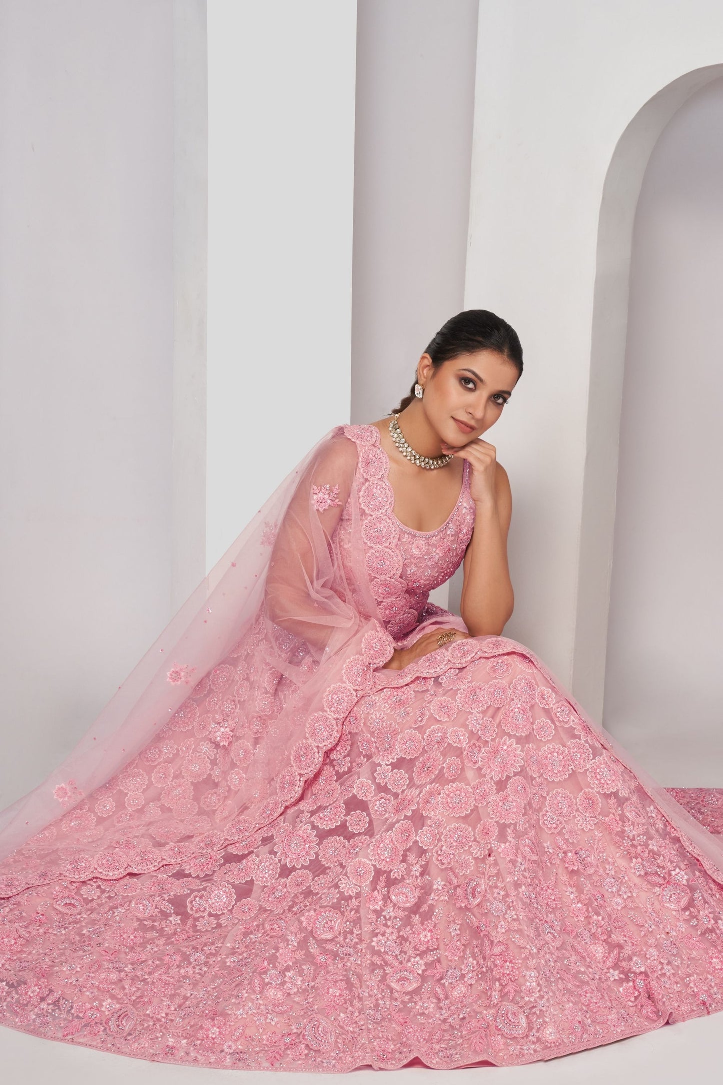 Baby Pink Soft Net Lehenga Choli For Indian Festivals & Weddings - Sequins Work, Dori Work, Zarkan Work, Mirror, Resham