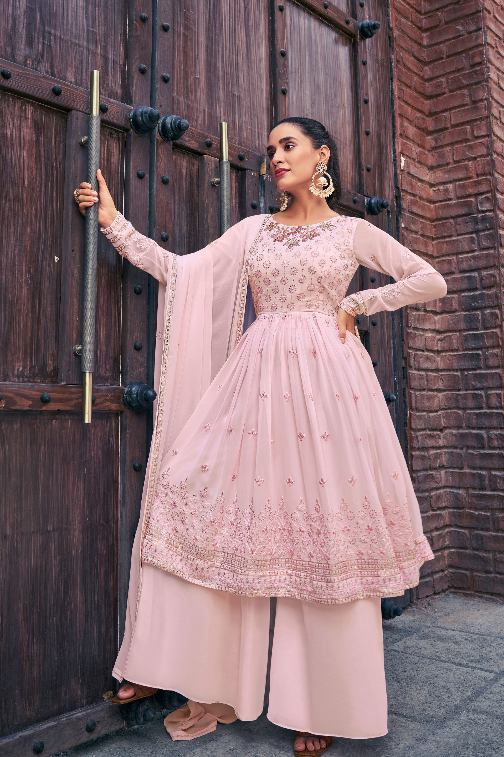 Baby Pink Pakistani Georgette Plazo For Indian Festivals & Weddings - Sequence Embroidery Work, Thread Embroidery Work,