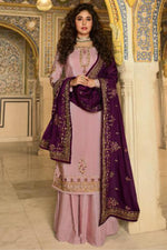 Baby Pink Satin Kameez with Plazzo Suit for Indian Wedding Guest Outfits - Thread and Sequence Embroidery Work