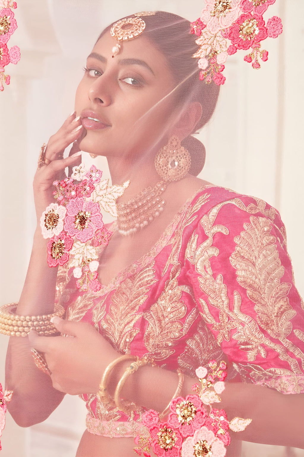 Rose Slub Silk Zari Lehenga Choli with Thread and Sequins Work