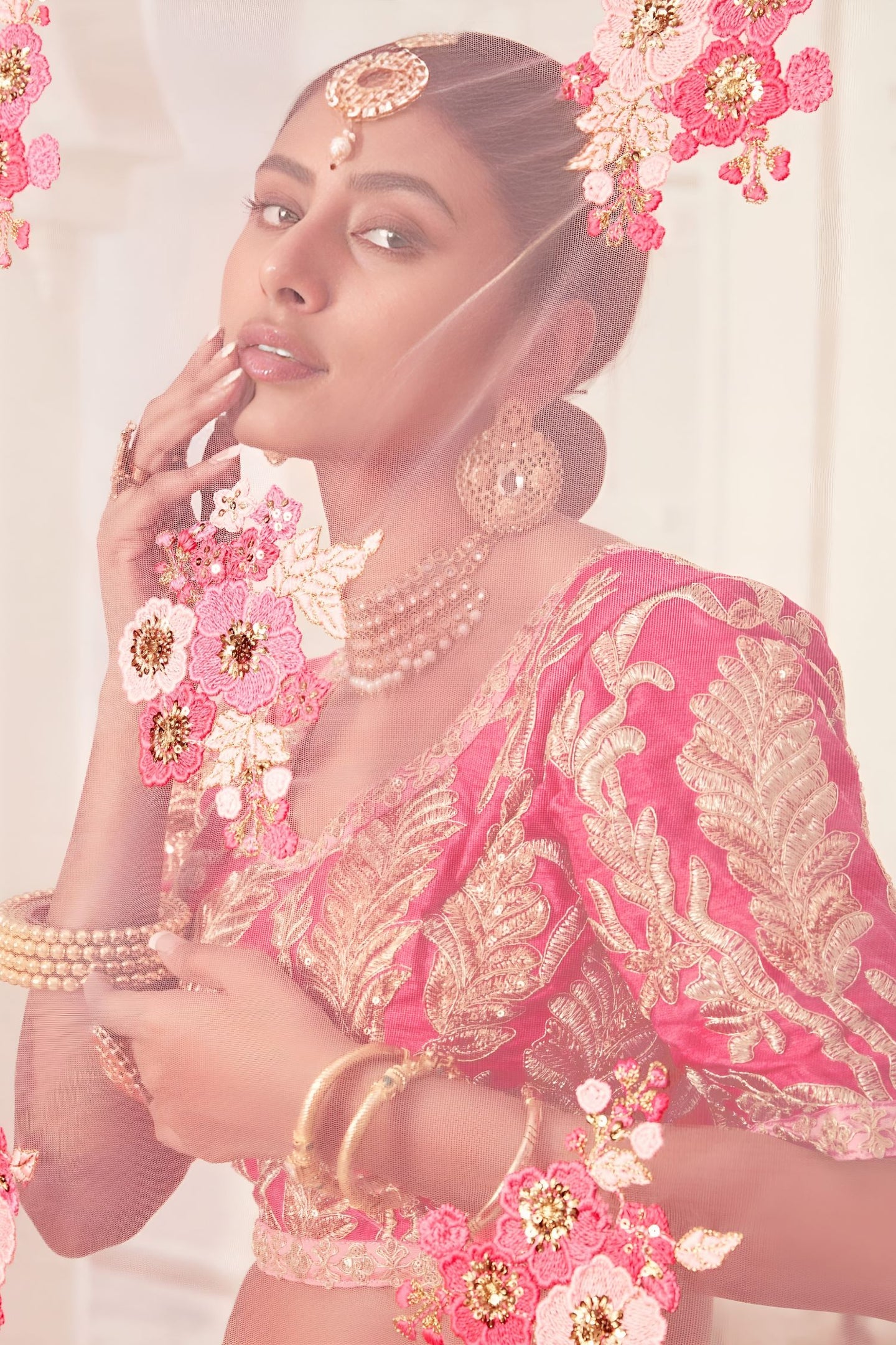 Rose Slub Silk Zari Lehenga Choli with Thread and Sequins Work