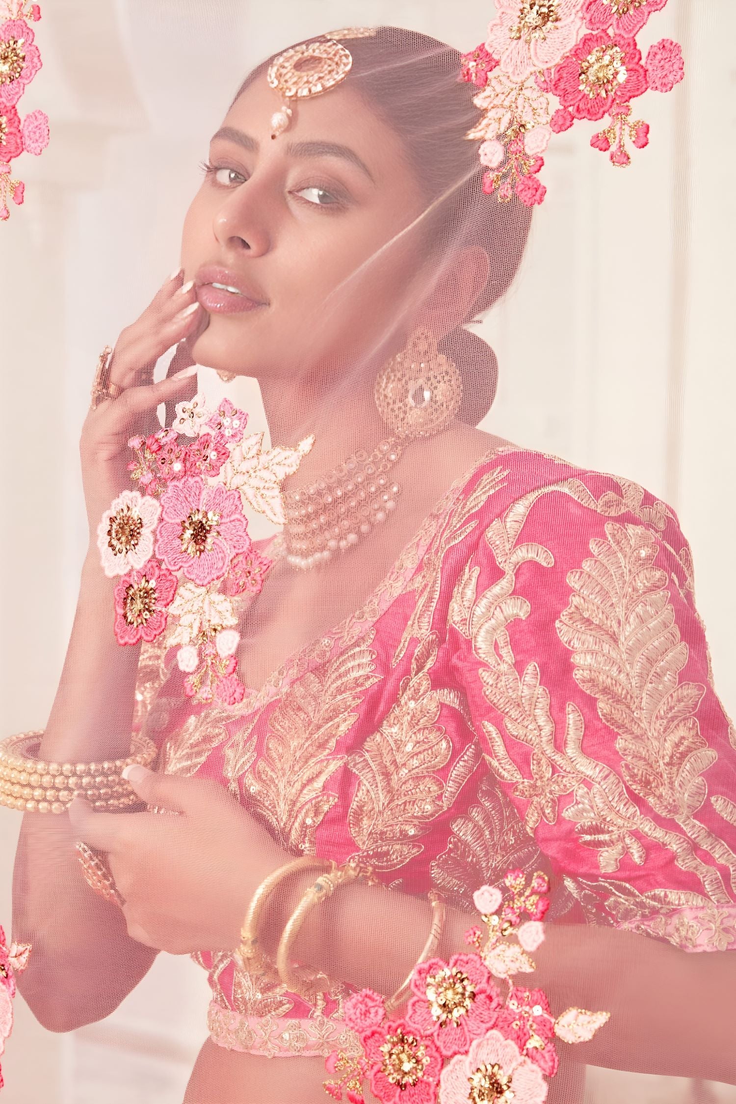 Rose Slub Silk Zari Lehenga Choli with Thread and Sequins Work