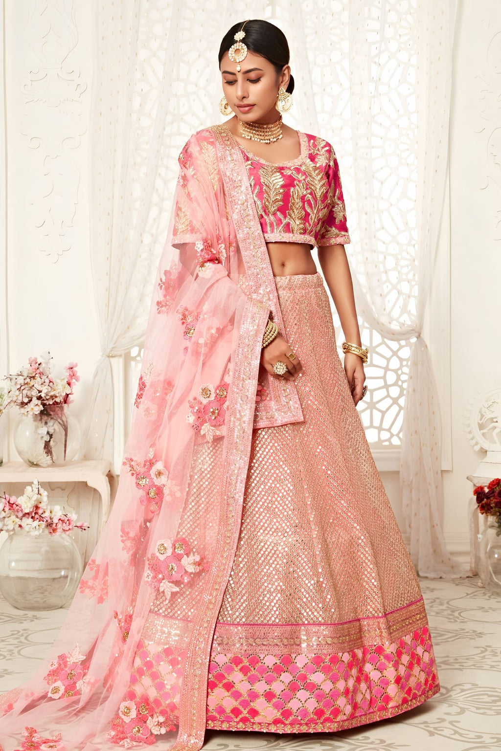 Rose Slub Silk Zari Lehenga Choli with Thread and Sequins Work