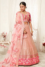 Rose Slub Silk Zari Lehenga Choli with Thread and Sequins Work