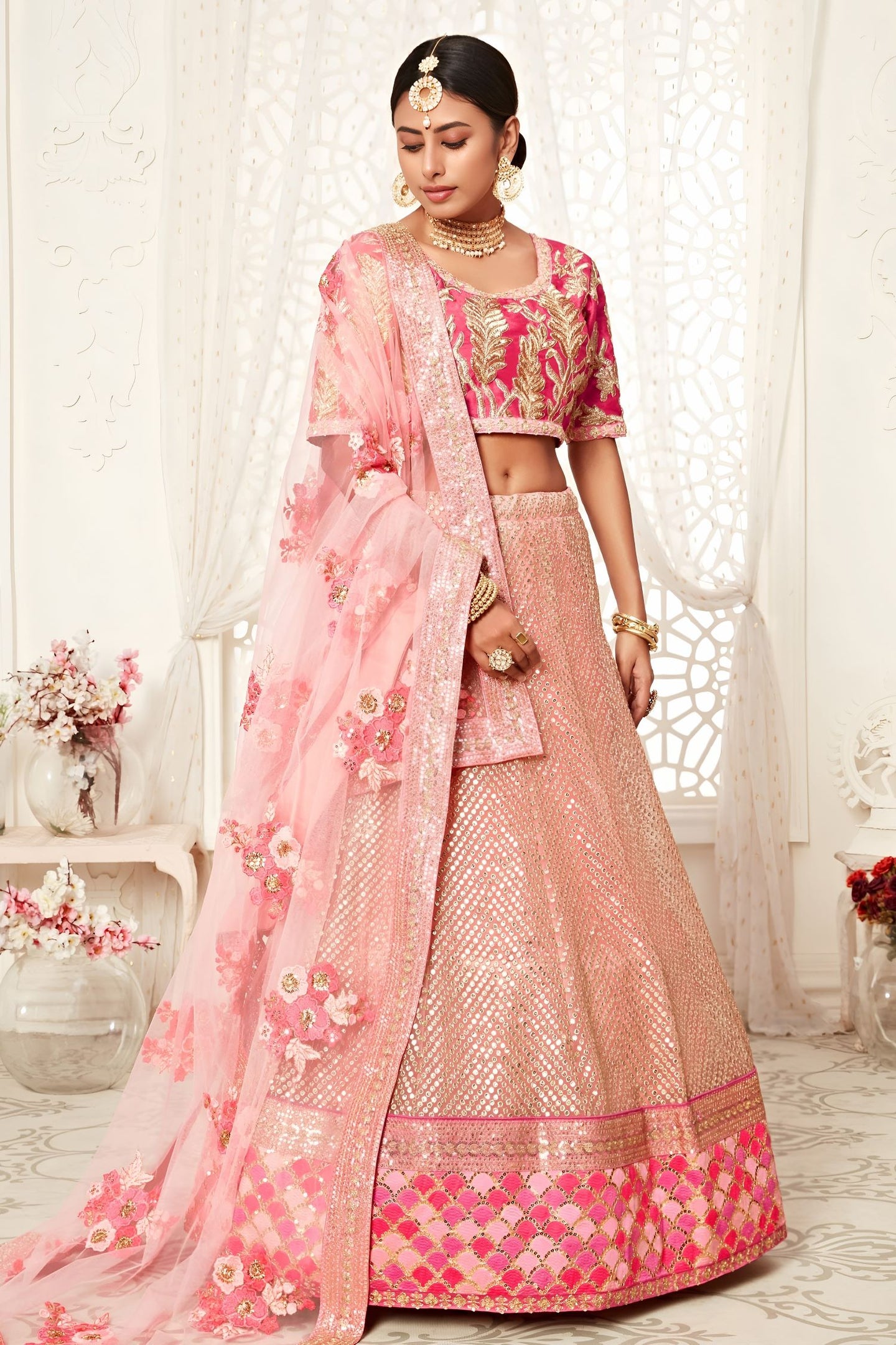 Rose Slub Silk Zari Lehenga Choli with Thread and Sequins Work
