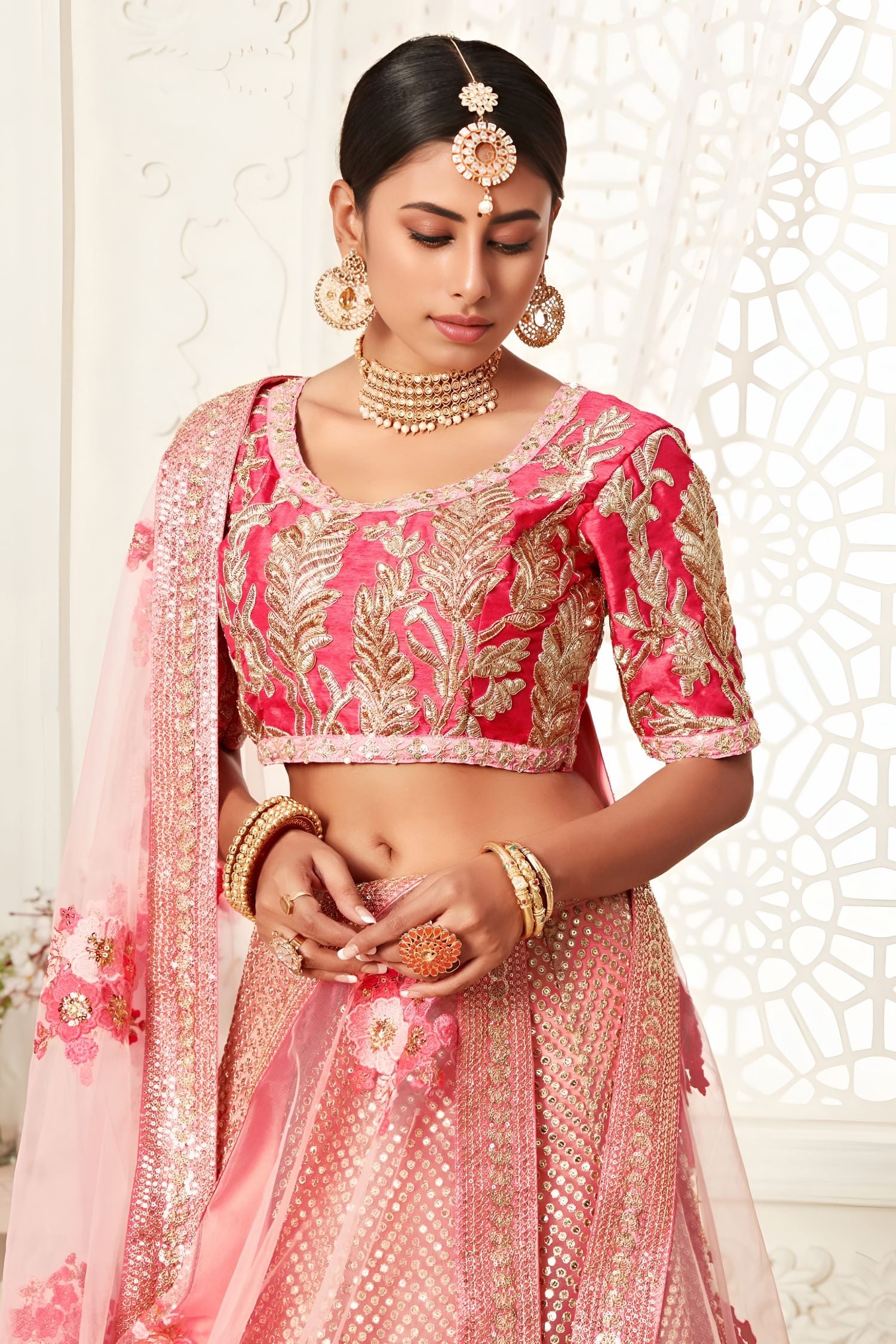Rose Slub Silk Zari Lehenga Choli with Thread and Sequins Work